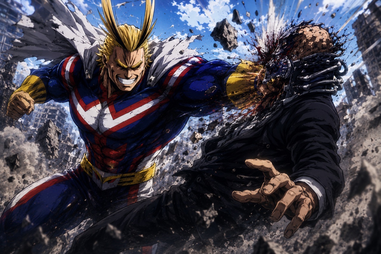 All Might delivering the finishing blow to All for One &mdash; the climactic showdown of My Hero Academia