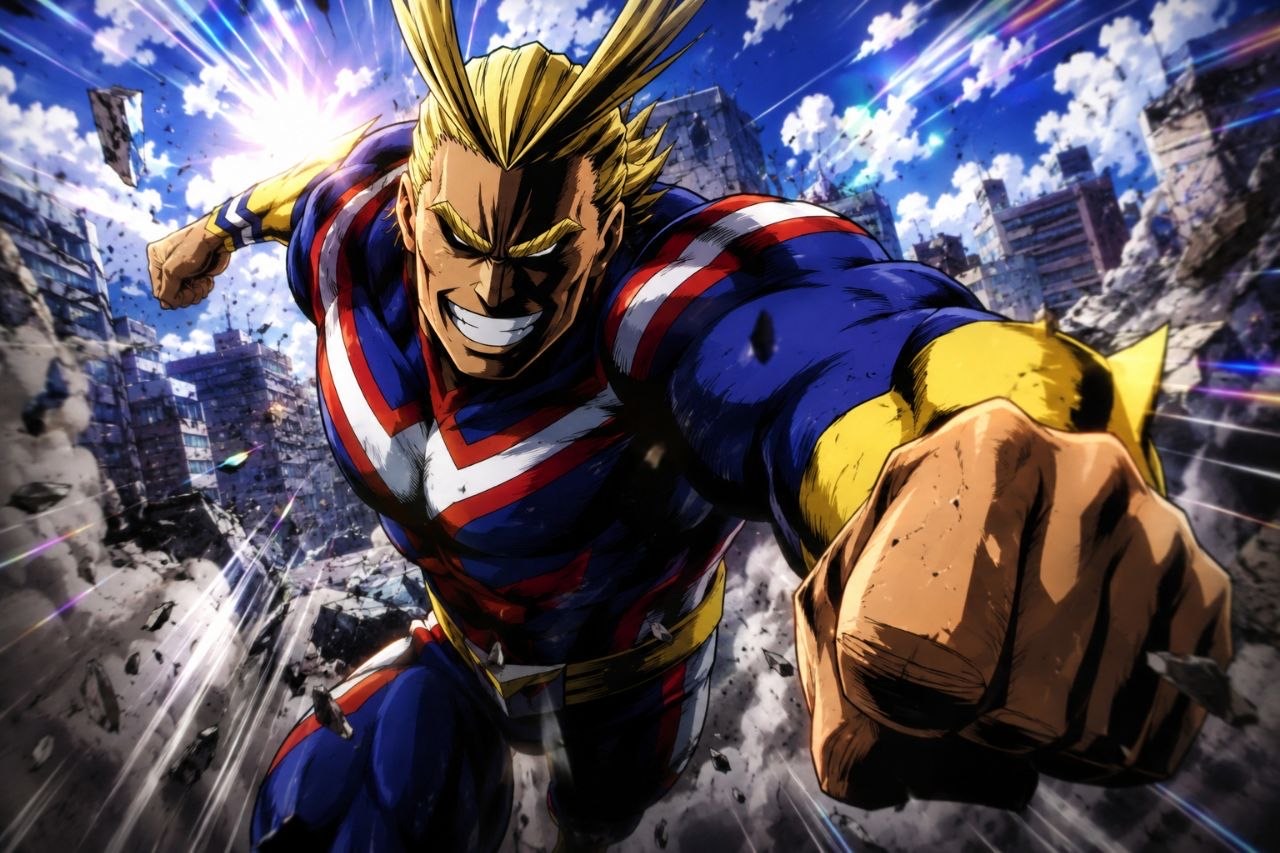 All Might charging forward in his classic Plus Ultra stance